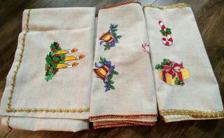 3 Vtg Christmas Table Cloth Runner Embroidered Applique Candles Bells Holly