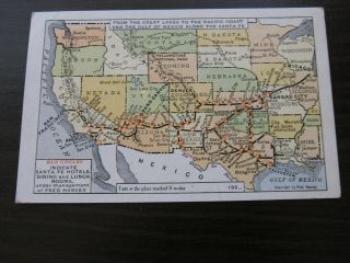 Rare Vintage Santa Fe Railroad Hotels Fred Harvey Map Postcard Ad R - 86647 192_