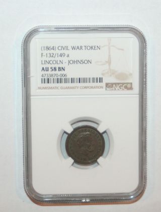 1864 Abraham Lincoln & Johnson Campaign Political Token Medal Pin Ngc Au58 Bn