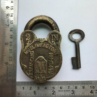 An Old Antique Solid Brass Padlock Lock With Key And Carving