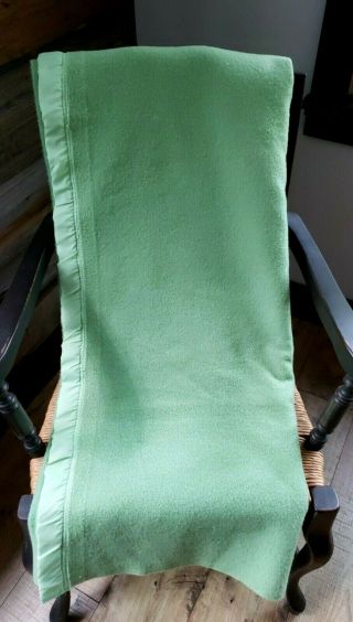 Vintage Heavy Wool Green Satin Edge Blanket Throw 60 " X 72 " Craft Cabin Shabby