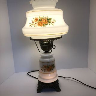 Vintage Hurricane Gone With The Wind Lamp Peach Flowers White Lamp Ruffled Top