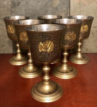 Set Of 6 Vintage 5” Brass Stemmed Wine Goblets Cups Engraved Etched