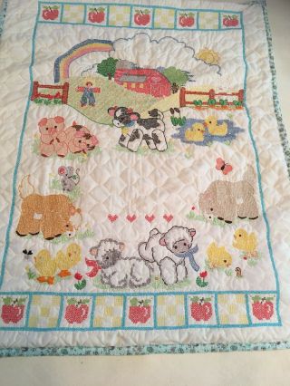 Country Farm Hand Made Crib Quilt,  Cross Stitch Embroidery Animals Barn 38x31