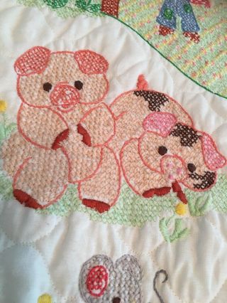 Country Farm Hand Made Crib Quilt,  Cross Stitch Embroidery Animals Barn 38x31 2