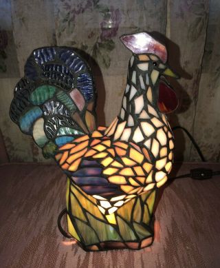 10” Stained Glass Rooster Night Light Lamp Colorful Euc