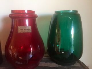 German Kerosene Lamp Glass Shade X 2.  Red And Green