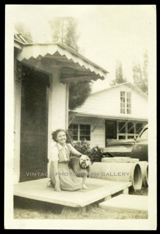Vintage Dog Animal Snapshot Photo Girl With Bulldog