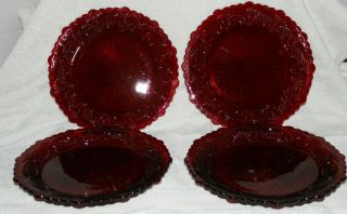 Set Of 4 Vintage Avon Cape Cod Ruby Red Glass 7.  25 " Dessert Or Salad Plates