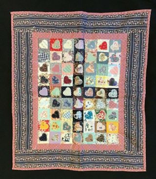 Adorable Vintage Handmade Doll Quilt With Hearts 17” X 20”