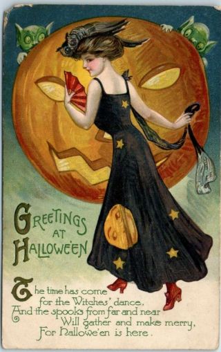 1924 Winsch Embossed Postcard " Greetings At Halloween " Woman Goblins Spooks Jol
