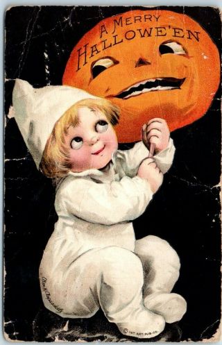 Vintage Artist - Signed Clapsaddle Halloween Postcard Boy White Pajamas / Jol 1918