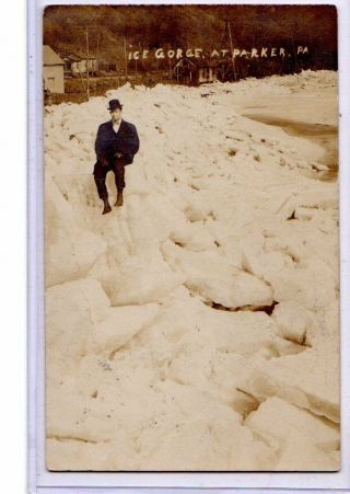 Real Photo Postcard Rppc - Man Sitting On Ice Blocks Ice Gorge Parker Pa