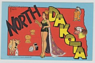 Vintage Greetings From North Dakota Big Large Letter Linen Postcard Unposted