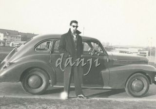 Dapper Young Man W Shiny Orb In Sunglasses Smoking Pipe By Antique Car Old Photo
