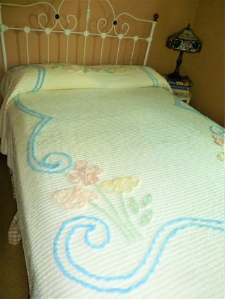 Vintage Chenille Bedspread,  Full Blue Yellow Pink Green Cottage Look Off White