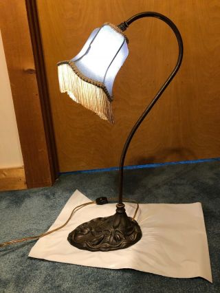 Vintage Art Nouveau Brass Gooseneck Boudoir Lamp With Fringe Shade
