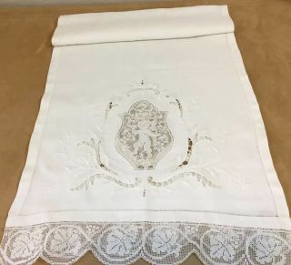 Vintage Table Runner Or Dresser Scarf,  Ivory,  Lace Edges,  Cherub Lace,  Cut Work