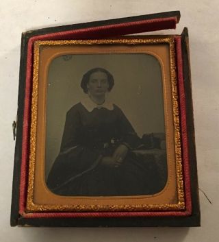 Antique Ambrotype Photograph Of A Young Woman Girl Seated Beside Table