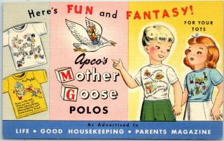 Vintage Mother Goose Polos Clothing Ad Postcard T - Shirts Curteich Linen C1947