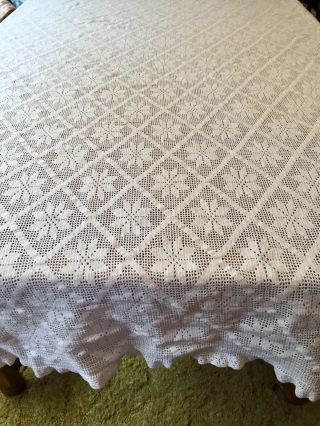Vintage Off White Ivory Crochet Lace Tablecloth,  52”X 76”.  Flower pattern. 3