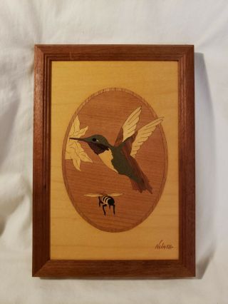 Hudson River Marquetry Inlay “hummingbird & Bee” Wood Picture Jeffrey Nelson