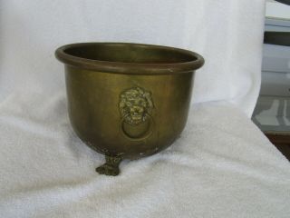 Large,  Vintage Solid Brass Pot Planter With Lion Feet,  Head Ring/ Handles