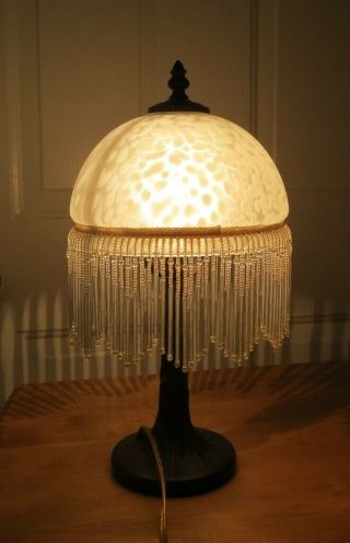 Vintage Victorian Table Lamp Frost Glass Shade Beaded Fringe Night Stand Desk