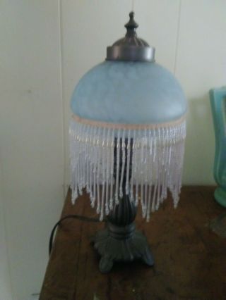 Vintage Beaded Glass Shade Table Lamp W/ French Art Nouveau Style Base Boudoir