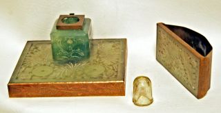 Antique Chinese Jade Jadeite Carved Hardstone Inkwell Pen Holder Blotter Green