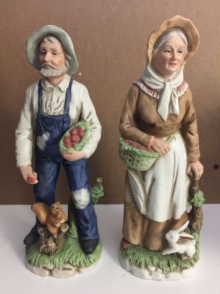 Old Woman And Man Farmers Apple Harvest,  Squirrel,  Rabbit Homco Home Interiors