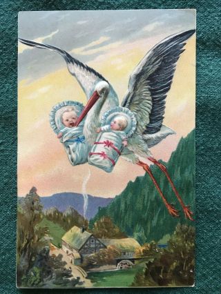 Vtg 1910s Birth Announcement Twins Stork Delivering 2 Babies Embossed Postcard