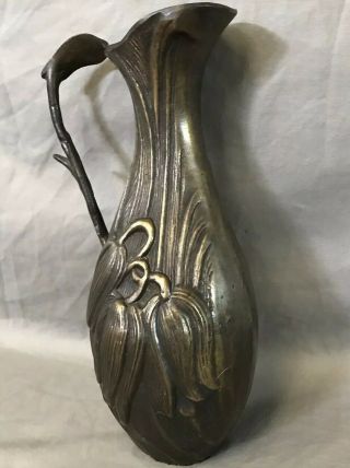 Gorgeous Heavy Art Noveau Bronze Ewer Pitcher Floral 9.  5” 2