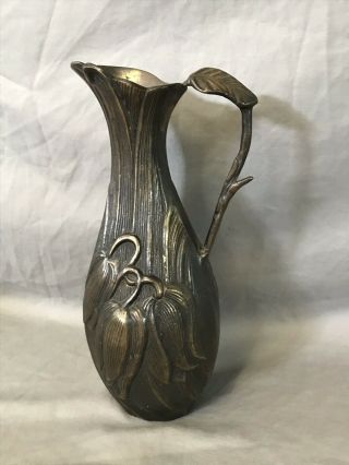 Gorgeous Heavy Art Noveau Bronze Ewer Pitcher Floral 9.  5” 4
