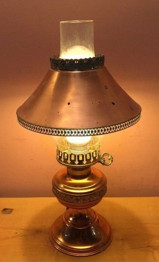 Vintage Copper & Brass Table Lamp Delicate W/glass Flue & Brass Filigree Design