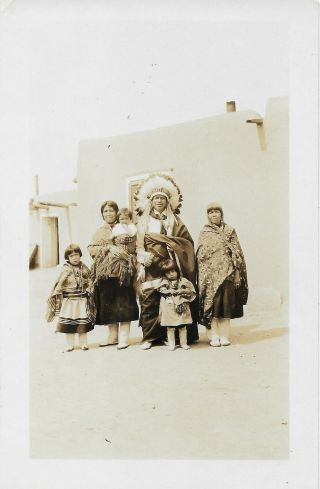 Real Photo Postcard Pueblo Indian Chief & Family In Full Native Dress 1930 