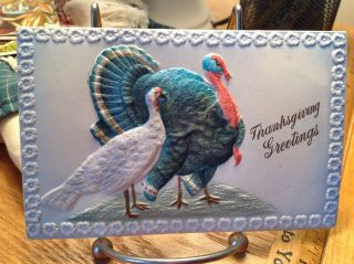 Vintage Thanksgiving Postcard 2 Turkeys With High - Relief Flowers Border