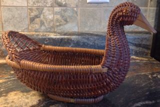 Vintage Duck Shaped Wicker Basket Wood Beak