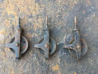 3 Vintage Small Iron Metal Pulley Wheels Screw Top