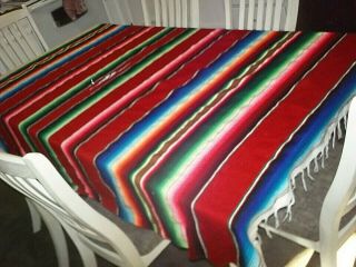Vtg Fringed Wool Mexican Serape Southwestern Native Blanket Rug 88x60 " Colorful