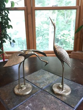 Vintage Solid Brass Standing Crane Figurines Leonard Silver Co Mcm Birds Pair