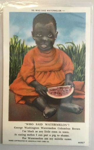 Black Americana Racist Post Card Watermelon