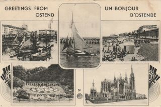 Greetings From Ostend Belgium Coast Ship Vintage C.  1957 Printed Posted Postcard