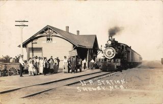 Shelby,  Ne,  Union Pacific Railroad Depot,  Train,  People,  Real Photo Pc 1917