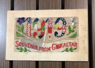 Embroidered Postcard Wwi Era 1919 Souvenir From Gibraltar Allied Flags W/ Photo