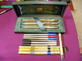 Cross 14k Gold Filled Pen & Pencil & Roller Ball Set & 8 Refills