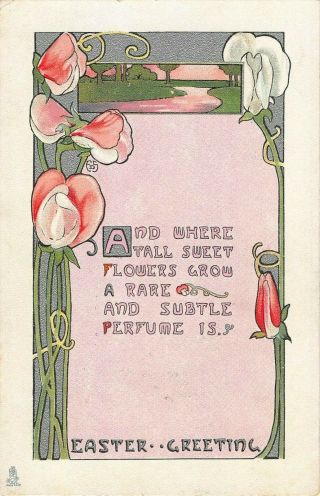 Arts & Crafts Design Easter Pc,  Tuck Pub,  Flowers & Landscape C 1910