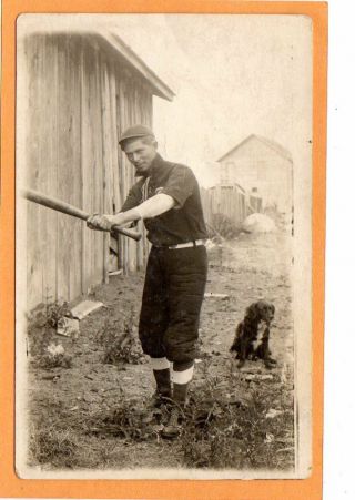 Real Photo Postcard Rppc - Baseball Player And Dog Outdoors