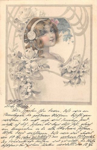 Us2794 Woman Portrait Flowers Fleurs Postcard Art Nouveau Artist Signed Kratky