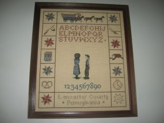 Finished Framed Counted Cross Stitch Sampler Lancaster County Pa 15 " X13 "